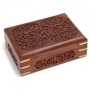 Ornate Wooden Card Box with Brass Corners