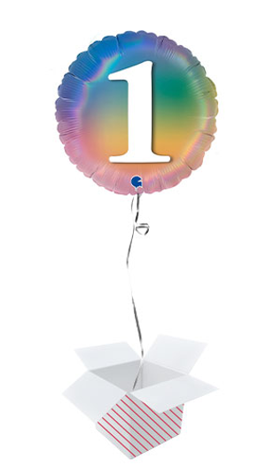 Age 1 Colourful Rainbow Holographic Round Foil Helium Balloon- Inflated Balloon in a Box