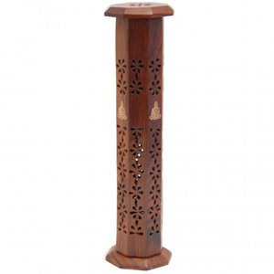 Carved Wooden Incense Tower with Brass Buddha Inlay
