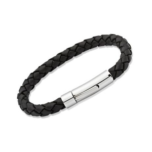 Unique Stainless Steel 21cm Black Leather Bracelet A40BL