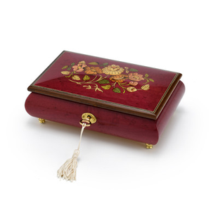 Beautiful 18 Note Red-Wine Floral Inlay Musical Jewelry Box with Lock and Key