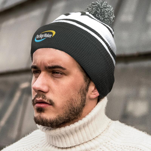 Commodore Acrylic Knitted Beanie with Striped Pom Pom