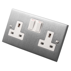 13A 2 Gang Switched Socket White Insert Satin Chrome