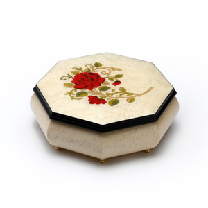 Octagonal Ivory Stain 18 Note Musical Jewelry Box with Single Red Rose Inlay