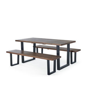 Detroit Solid Hardwood and Metal Dining Table with 2 Large Detroit Benches