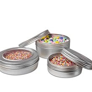 Metal 4 oz Window Aluminum Tin Can - Pkg Steel - Quantity: 24 - Tins - Diameter: 3 1/4" Height/Depth: 1 1/8" by Paper Mart