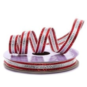 Glitter Jewel Sparkle Red/Silver Bright Stripe Metallic Ribbon - 3/8" X 10 Yards - Polyester - Embellishments & Trims by Paper Mart