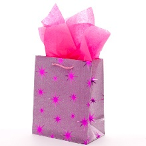 Glitter Metal Fuchsia Star PP Bags - 7-7/8 X 4-1/2 X 9-3/4 - Plastic Laminate Gusset - 4 1/2" - Quantity: 10 by Paper Mart