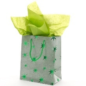 Glitter Metal Green Star PP Bags - 7-7/8 X 4-1/2 X 9-3/4 - Plastic Laminate Gusset - 4 1/2" - Quantity: 10 by Paper Mart