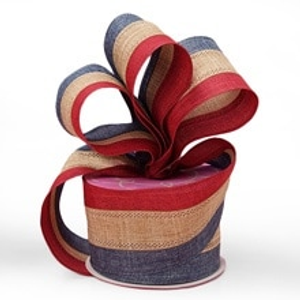 Red/Nat/Blue Striped Linen Look Ribbon - 2-1/2" X 10 Yards - Polyester - Embellishments & Trims by Paper Mart