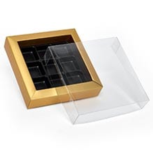 Clear Display Gold Candy Boxes - 5-1/2 X 5-1/2 X 1-1/4 - Plastic - Quantity: 48 - Candy Packaging - Useableinside Size: 4 3/16" X 4 3/16"