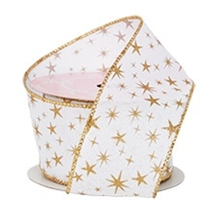 Gold/White Star Faux Linen Ribbon - 2-1/2" X 10 Yards - Cotton - Embellishments & Trims by Paper Mart