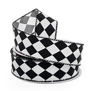 Black/White Harlequin Fabric Wrd Ribbon - 2-1/2" X 10 Yards - Polyester - Embellishments & Trims by Paper Mart