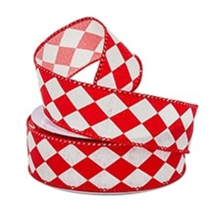 Red/White Harlequin Fabric Wired Ribbon - 1-1/2" X 10 Yards - Polyester - Embellishments & Trims by Paper Mart