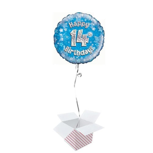 Blue Happy 14th Birthday Holographic Round Foil Helium Balloon - Inflated Balloon in a Box