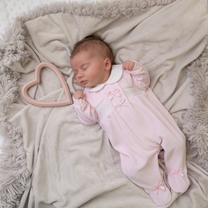 Millie & Ralph Pink Bow Smocked Velour Sleepsuit