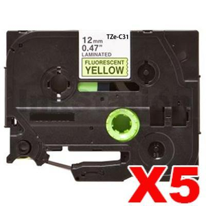 5 x Brother TZe-C31 Compatible 12mm Black Text on Yellow Fluorescent Laminated Tape - 5 meters