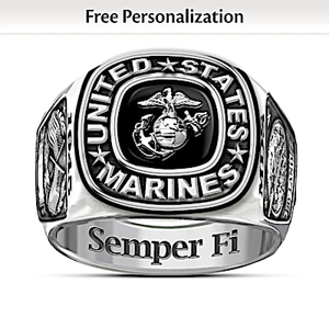 Black Enamel USMC Semper Fi Personalized Ring