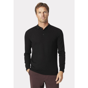 Plockton Black Merino Wool Long Sleeve Polo Shirt
