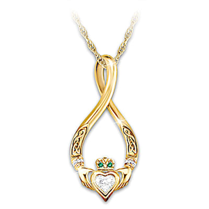 3 Diamonds & 2 Emeralds Claddagh Infinity Pendant Necklace