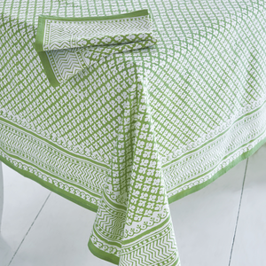 Block Printed Tablecloth Green & White 210cm x 150cm (Design 11)