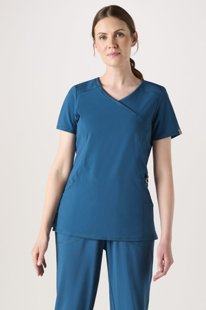 Infinity by Cherokee Women's Mock Wrap Scrub Top, Caribbean Blue