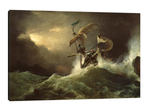 A First rate Man-of-War driven onto a reef of rocks, floundering in a gale 