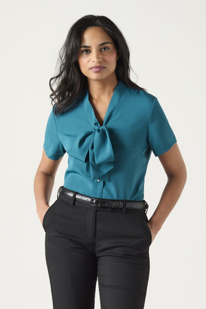 SJ Women's Low Tie Neck Blouse, Dark Teal