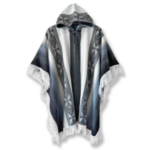 Palora – Lightweight Alpaca Wool Hooded Poncho – White & Smoke Gray