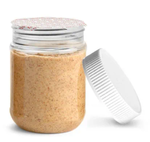 12 oz Plastic Jars, Clear PET Peanut Butter Jars w/ White Ribbed Induction Lined Caps