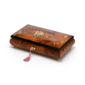 Dark Wood Tone Roses with Ornate Motifs Inlay 30 Note Musical Jewelry Box