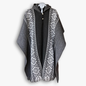 Llama Wool Unisex South American Handwoven Hooded Poncho - black/dark gray with diamonds pattern