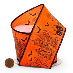 Black/Orange Halloween House Wrd Ribbon - 2-1/2" X 10 Yards - Polyester - Embellishments & Trims by Paper Mart