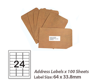 100 Sheets A4 White Self Adhesive Paper Address Mailing Laser Inkjet Sticker Labels 64 x 33.8mm - 24 Labels Per Sheet