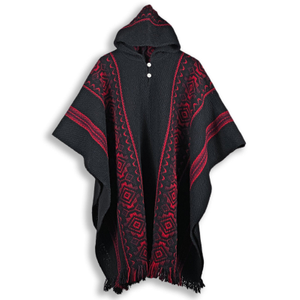 Llama Wool Hooded Poncho – Handwoven – Black with Red Diamonds