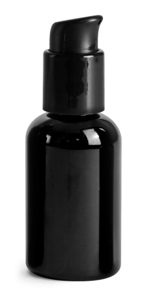 1 oz PET Plastic Bottles, Black Boston Round Bottles w/ Black Pumps