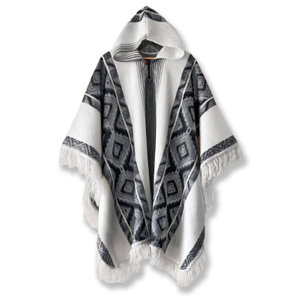 Cuyuja – Lightweight Alpaca Wool Hooded Poncho – Black Diamonds – White