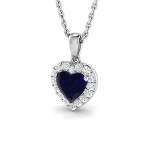 Halo Blue Sapphire Heart Cut 0.55ct and Diamond Necklace in 9k White Gold