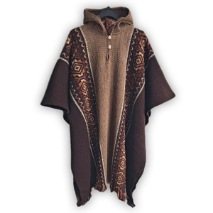Llama Wool Unisex South American Handwoven Hooded Poncho - solid brown with diamonds pattern