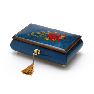 Radiant 18 Note Royal Blue Italian Musical Jewelry Box with Red Rose Inlay