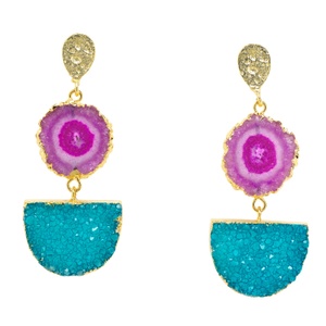 Violet Turquoise Gemstone Gold Statement Earrings