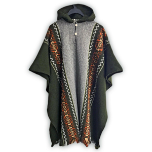 Llama Wool Hooded Poncho – Diamond Pattern – Olive Green