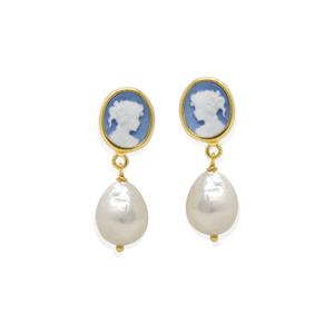 Sky Blue Mini Cameo & Pearl Drop Earrings