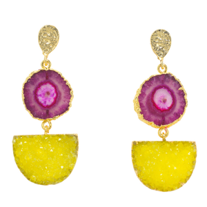 Lemon Violet Gemstone Gold Statement Earrings