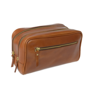 The Double-Up Tan Leather Wash Bag Three Zip