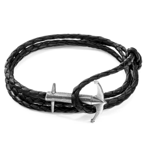 Coal Black Admiral Anchor Silver & Braided Leather Bracelet