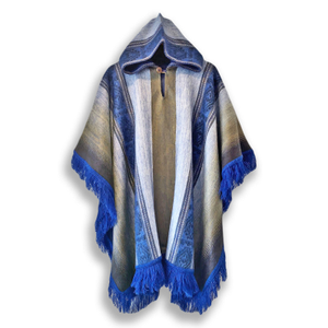 Pujili - Lightweight Baby Alpaca Fringed Hooded Poncho - Blue - Unisex