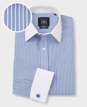 Blue White Stripe Classic Fit Non-Iron Formal Shirt With White Collar & Cuffs - Double Cuff [RTC]