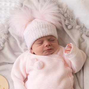 First Size Pink And Silver Ribbed Fur Double Pom Hat