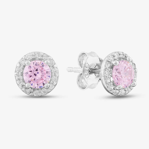 Silver Round Pink Cubic Zirconia Halo Stud Earrings E4442 PINK